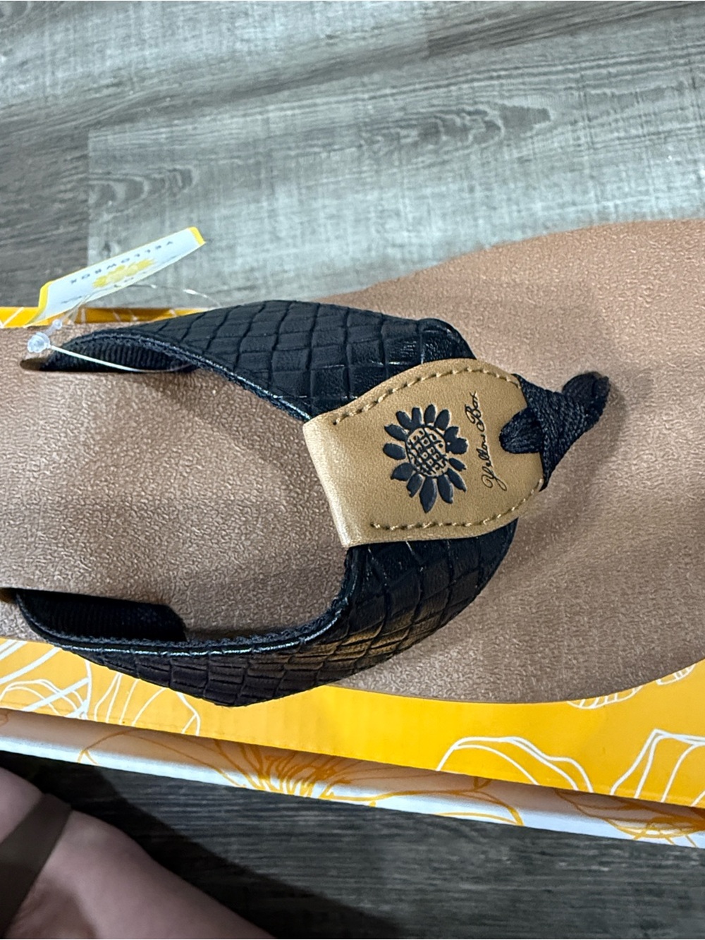 Yellow Box Black Faux-Leather Sunflower Thong Sandal with Tan Accent